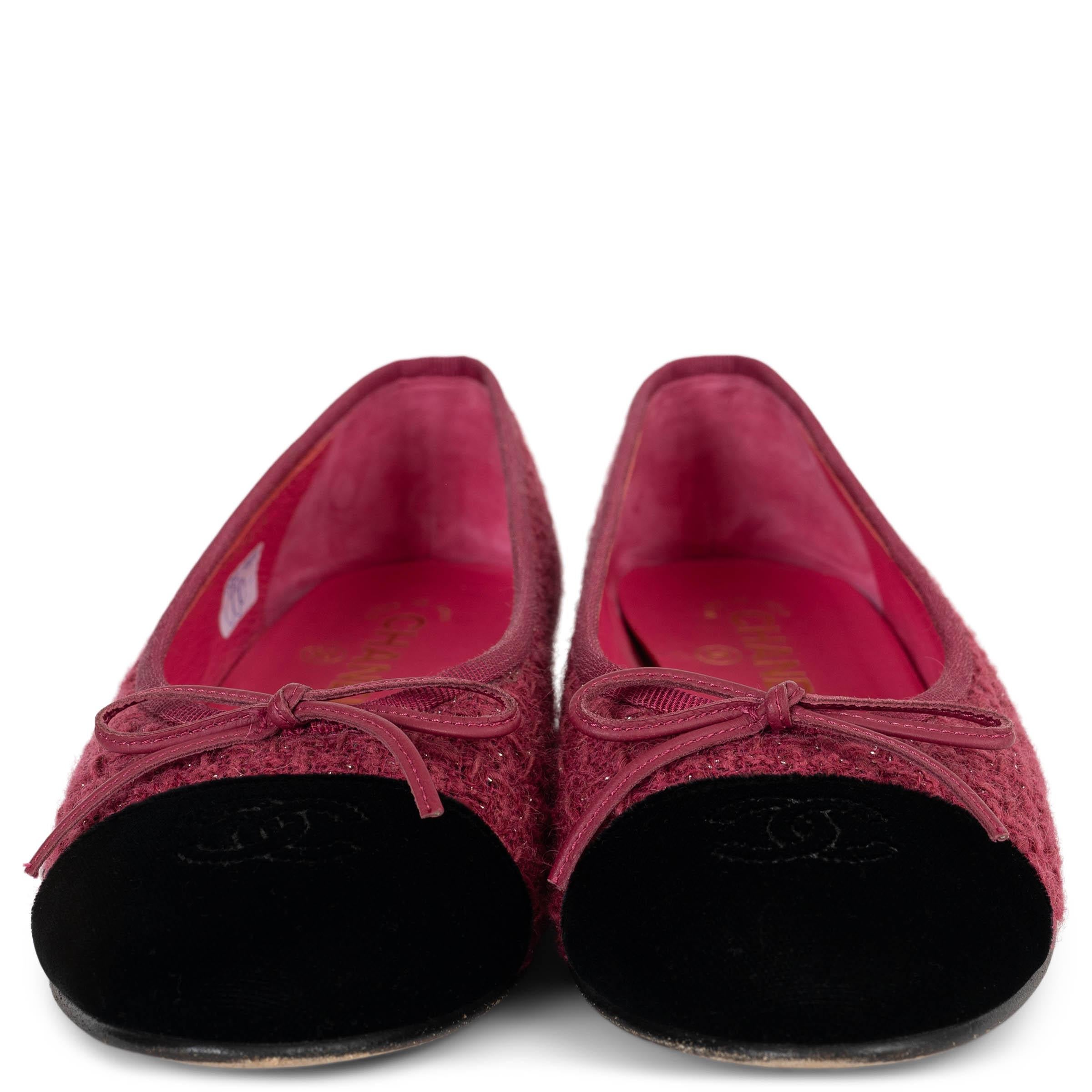 These 100% authentic Chanel tweed ballet flats are crafted in a vibrant fuchsia tweed with subtle silver lurex woven throughout for a hint of shimmer. The design features a classic CC embroidered black velvet cap toe for added texture and elegance,