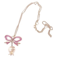 Chanel Fuchsia Enamel Ribbon Gold CC Pearl Pendant Necklace