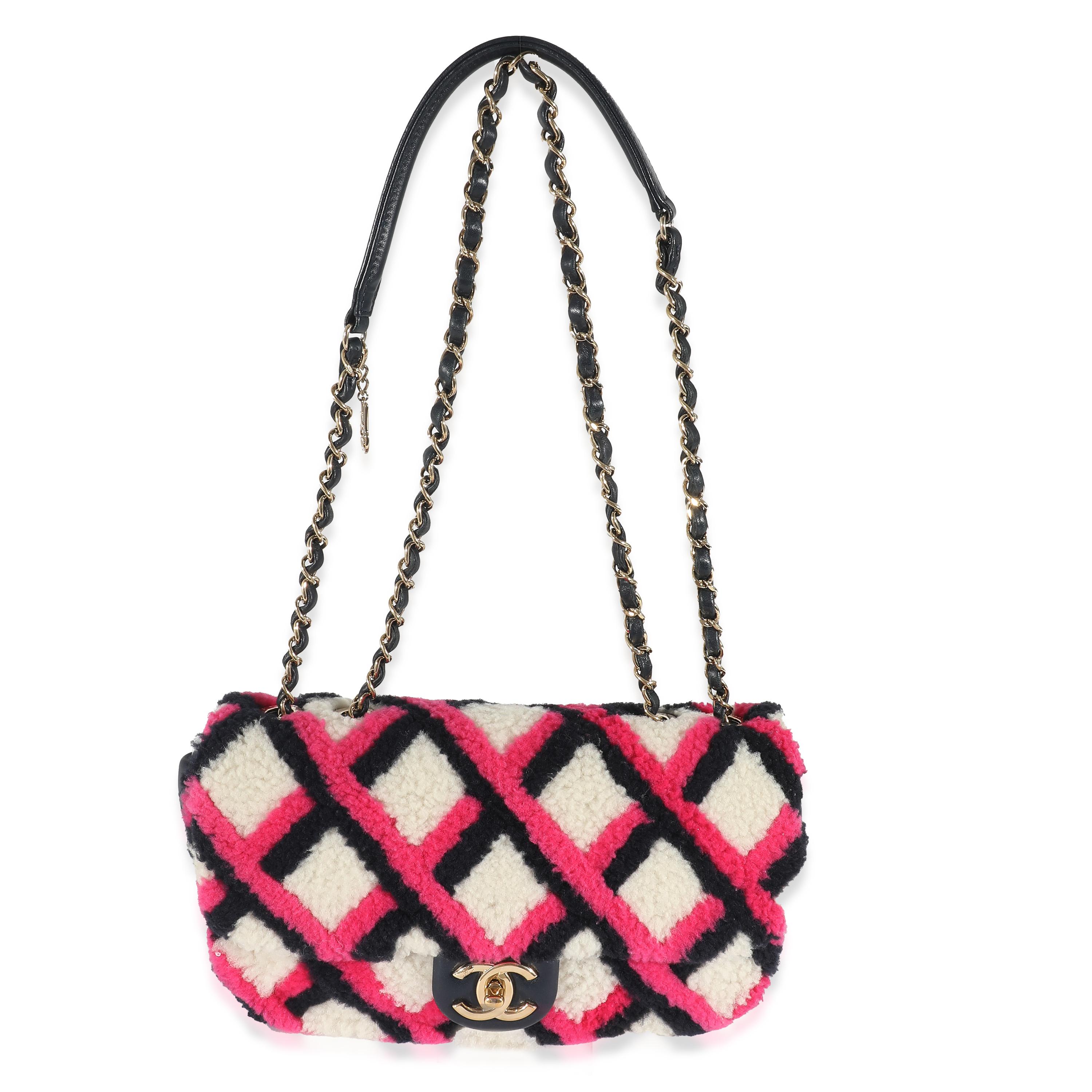 Pink Chanel Fuchsia Navy White Shearling Lambskin Emoticon Single Flap Bag For Sale