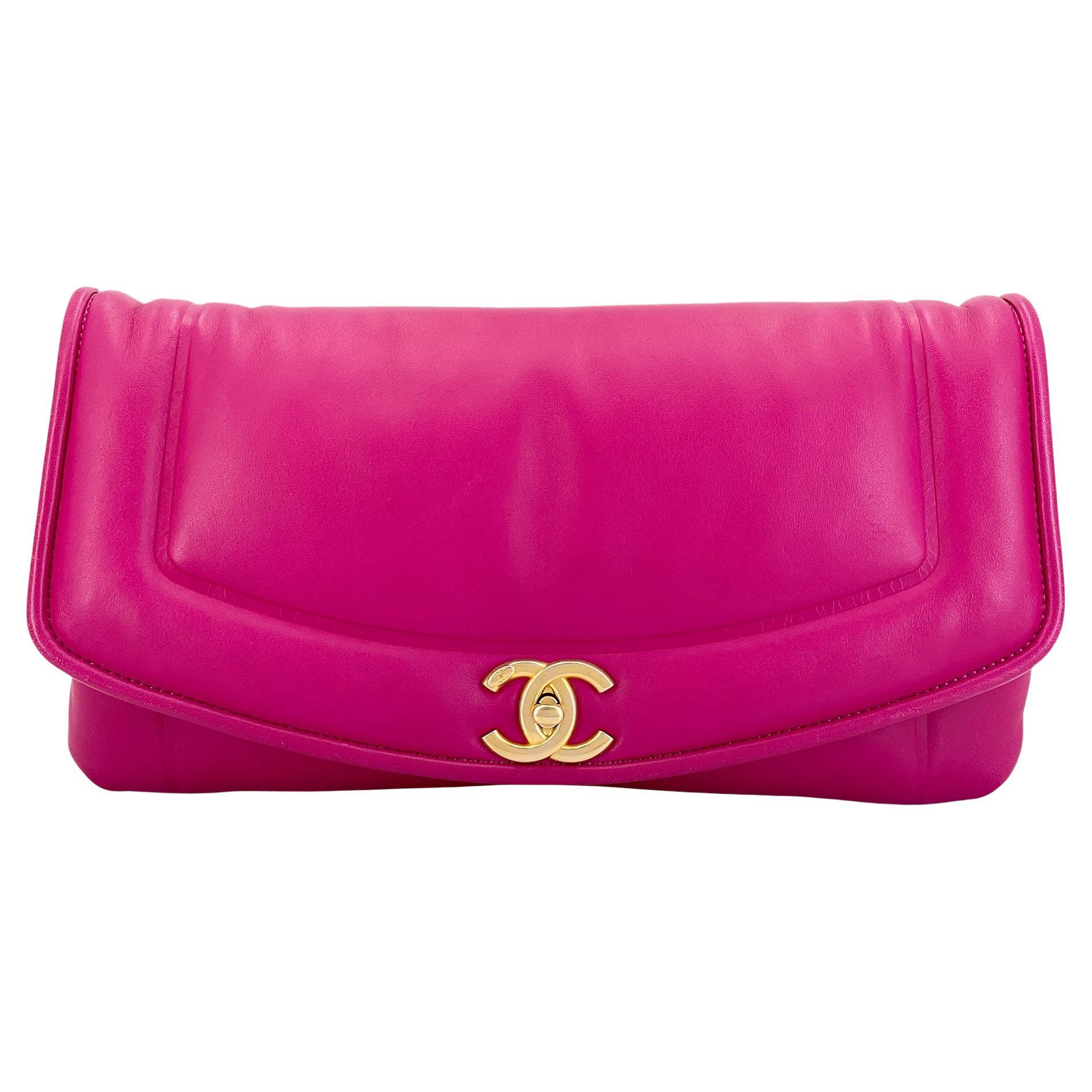 Chanel Fuchsia Pink Lambskin Puffy Large Clutch Flap Bag GHW 68505