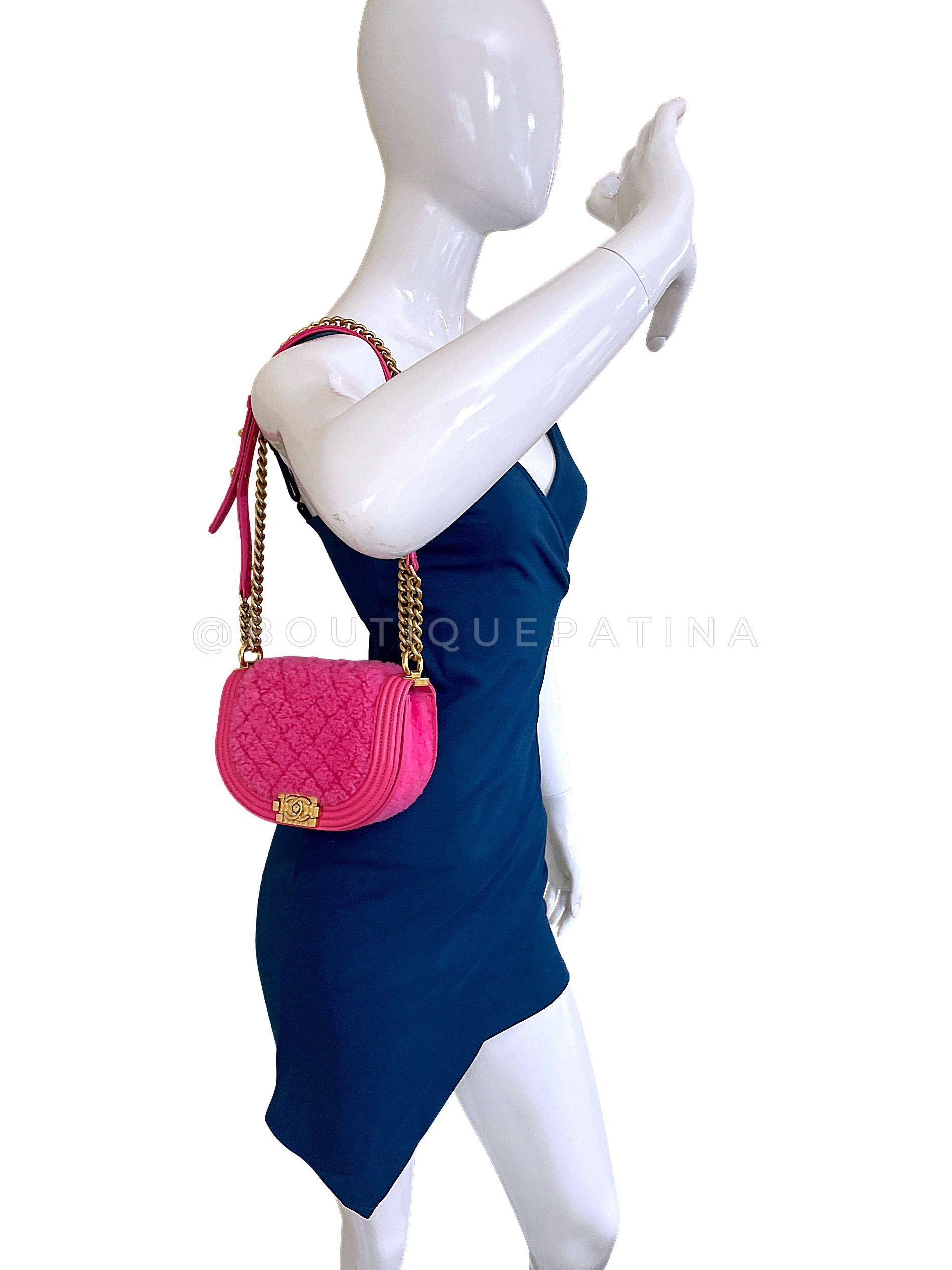 Chanel Fuchsia Pink Shearling Round Boy Flap Bag GHW 67885 For Sale 11