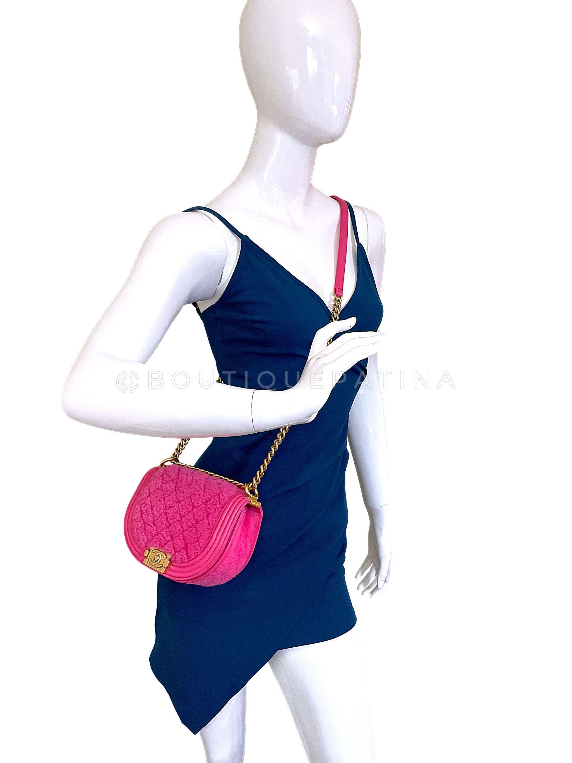 Chanel Fuchsia Pink Shearling Round Boy Flap Bag GHW 67885 For Sale 12