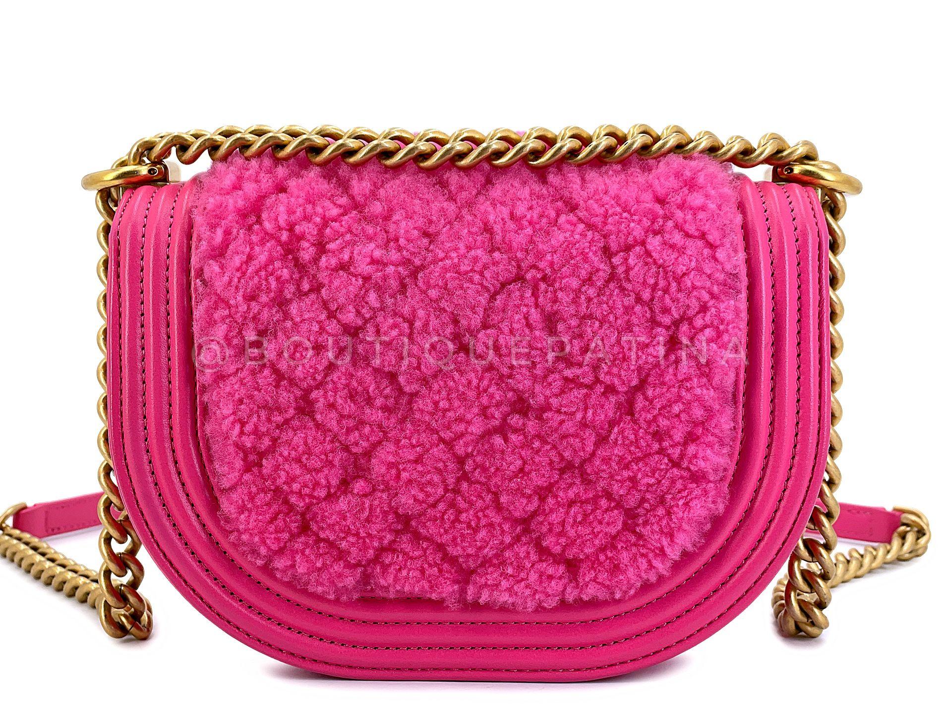 Chanel Fuchsia Pink Shearling Round Boy Flap Bag GHW 67885 For Sale 2