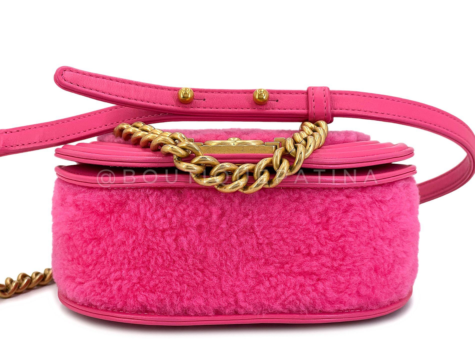 Chanel Fuchsia Pink Shearling Round Boy Flap Bag GHW 67885 For Sale 3
