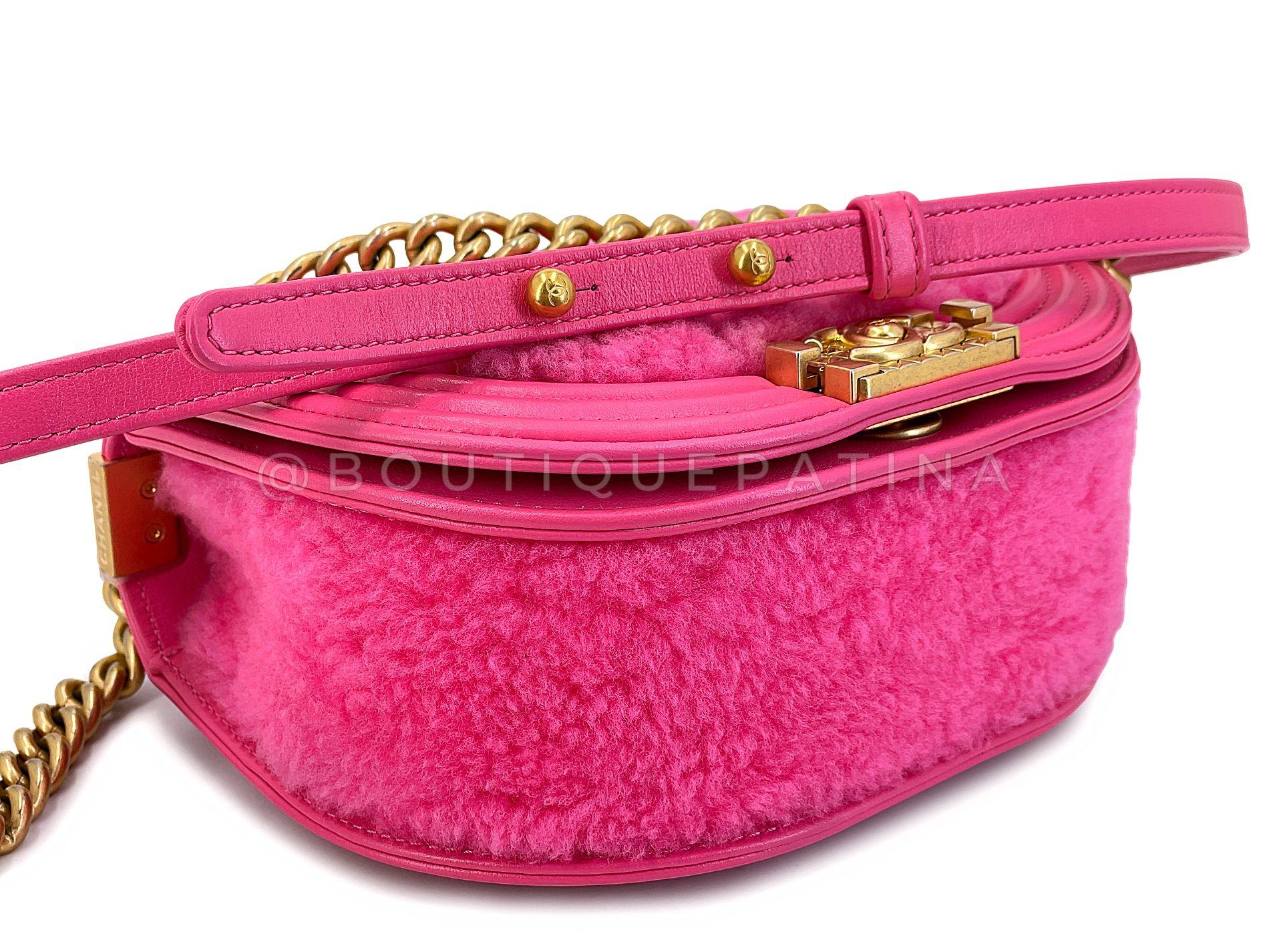 Chanel Fuchsia Pink Shearling Round Boy Flap Bag GHW 67885 For Sale 4