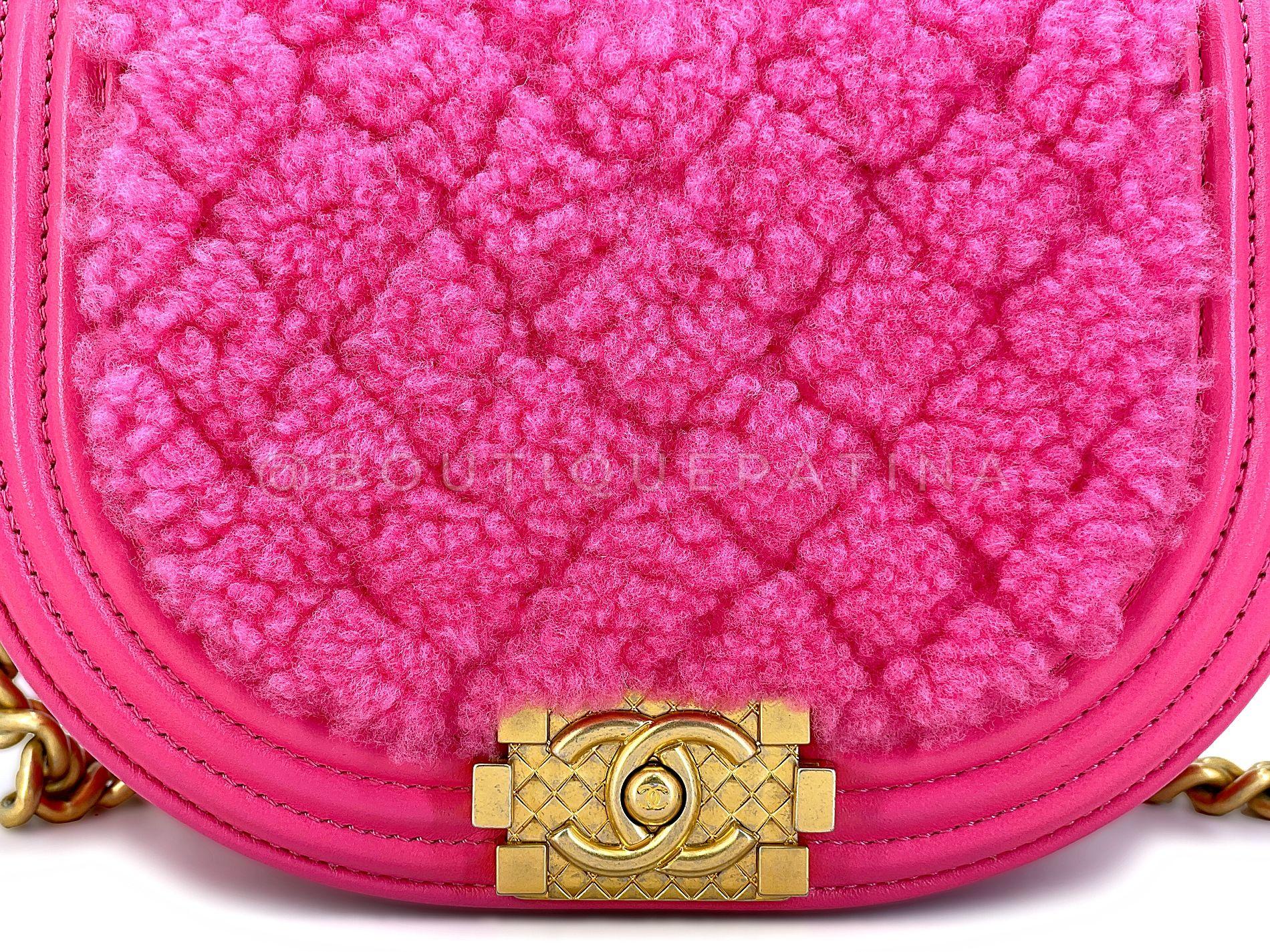 Chanel Fuchsia Pink Shearling Round Boy Flap Bag GHW 67885 For Sale 5
