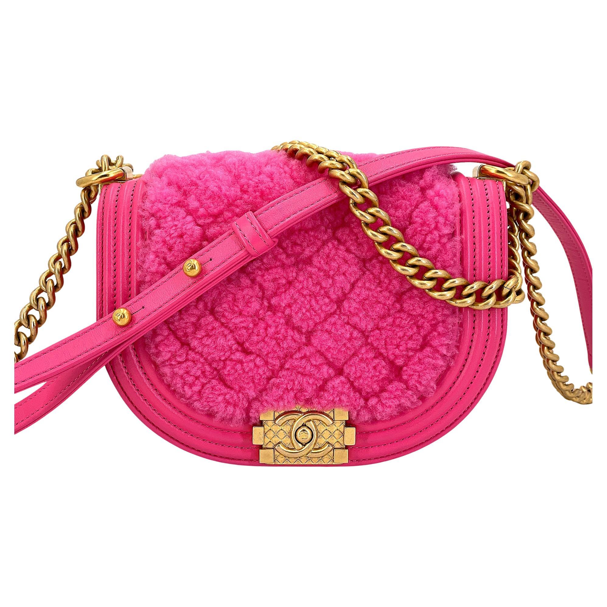 Chanel Fuchsia Pink Shearling Round Boy Flap Bag GHW 67885 For Sale