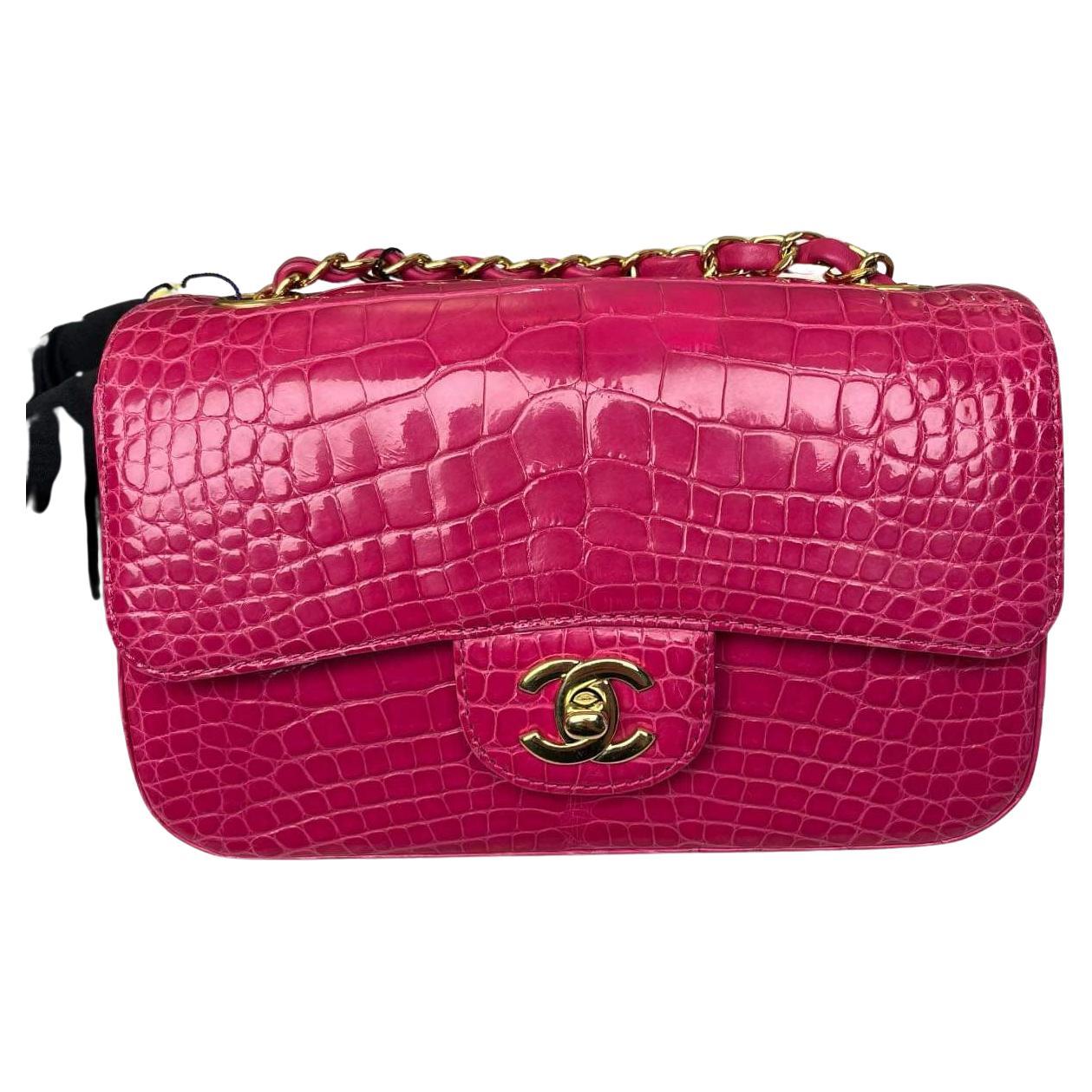 Chanel Fuchsia Pink Shiny Alligator rectangular mini flap Bag GHW For Sale