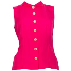 CHANEL fuchsia pink silk EMBELLISHED BUTTON Sleeveless Blouse Shirt Top 38 S