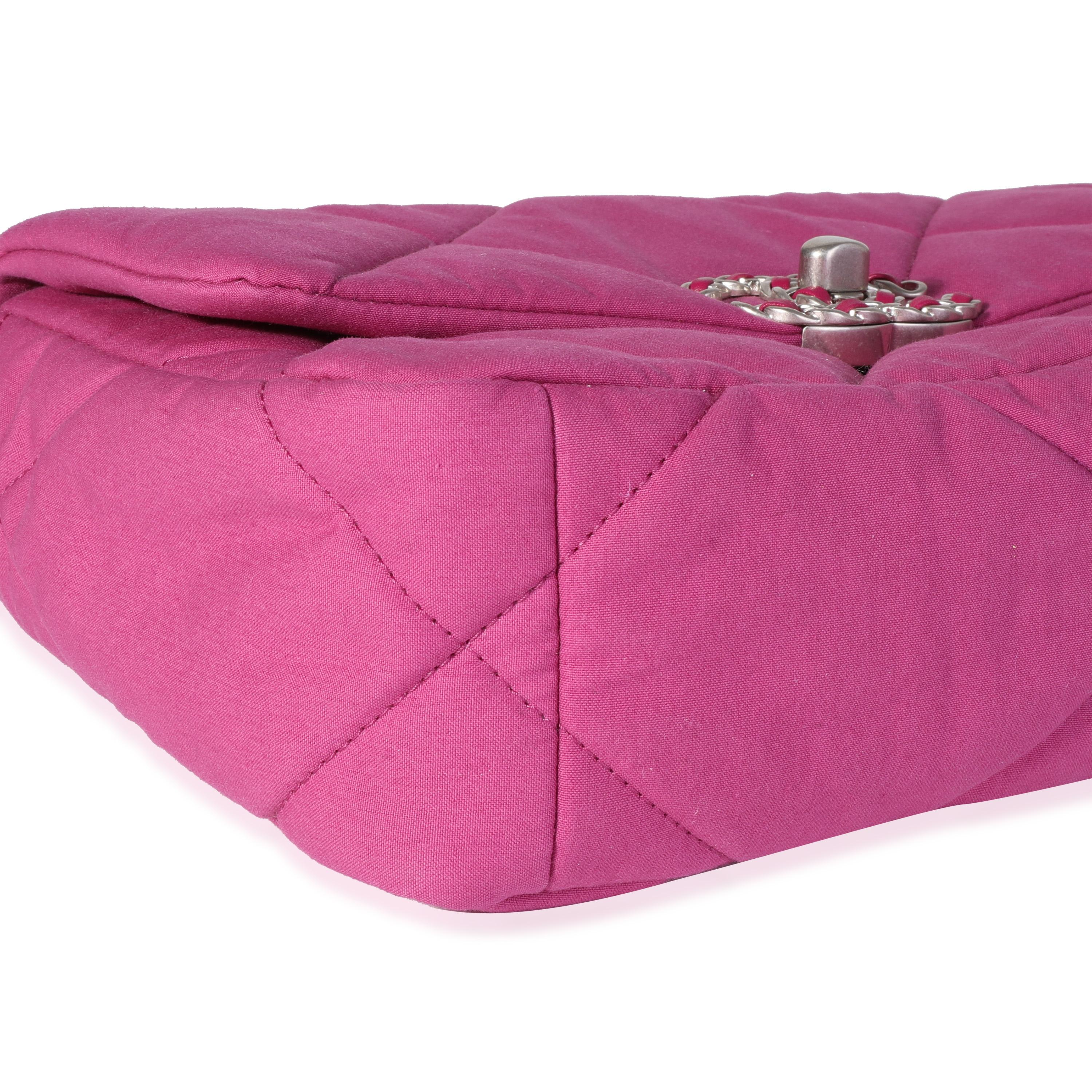Listing Title: Chanel Fuchsia Quilted Cotton Medium Chanel 19 Flap Bag
SKU: 116642
Condition: Pre-owned (3000)
Handbag Condition: Mint
Condition Comments: Mint Condition. Plastic on hardware. No visible signs of wear. Final sale.
Brand: