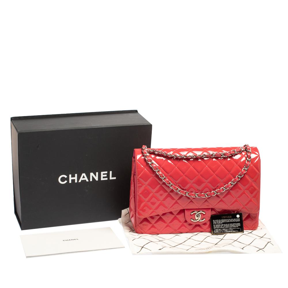 Chanel Fuchsia Quilted Patent Leather Maxi Classic Double Flap Bag 14