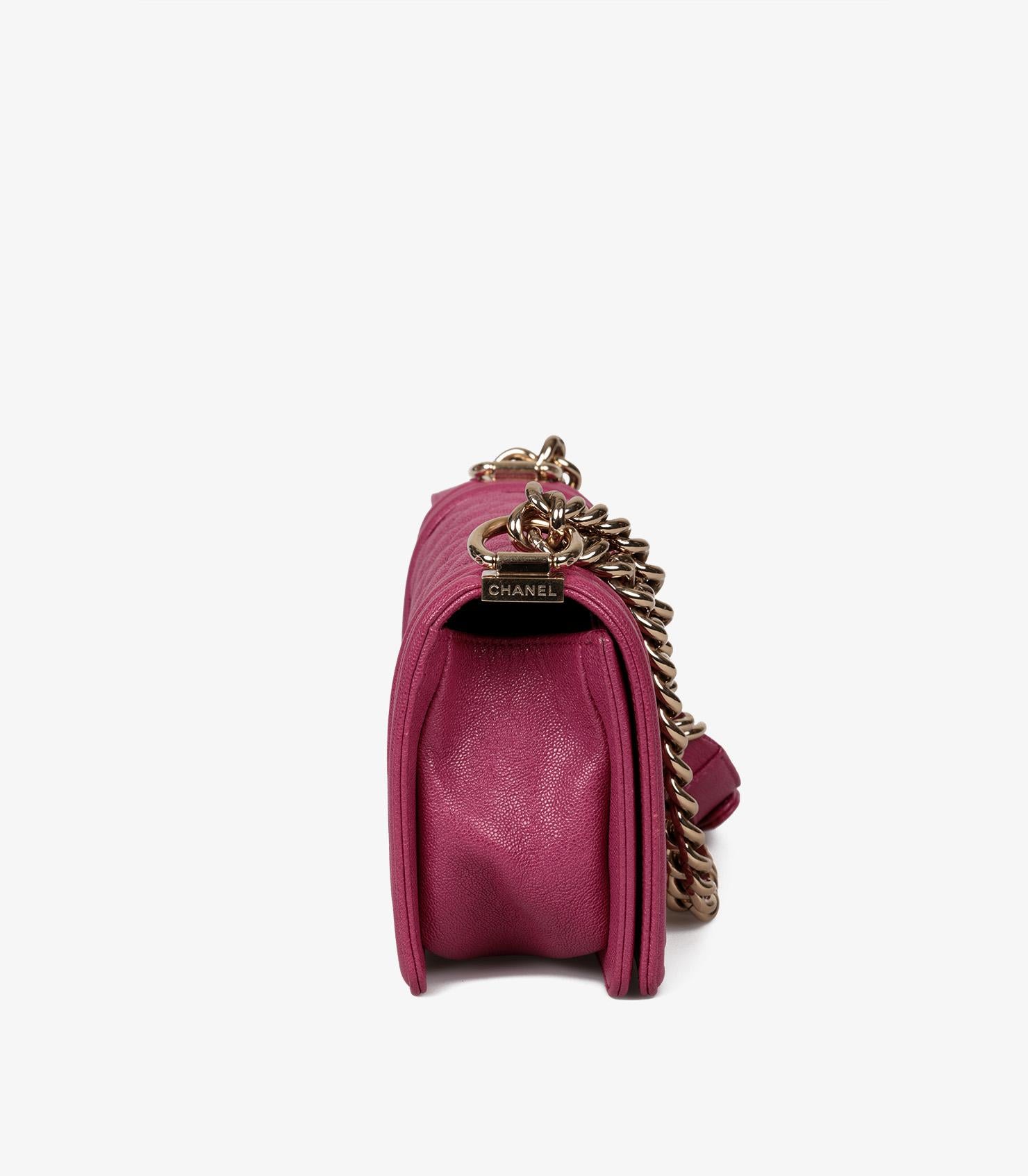 Chanel Fuchsia Quilted Shiny Caviar Leather Small Le Boy In Excellent Condition For Sale In Bishop's Stortford, Hertfordshire