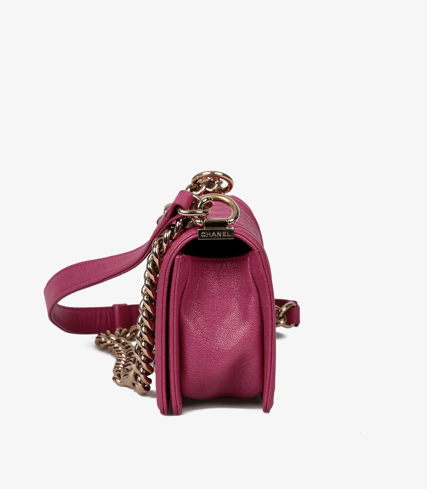 Women's or Men's Chanel Fuchsia Quilted Shiny Caviar Leather Small Le Boy For Sale