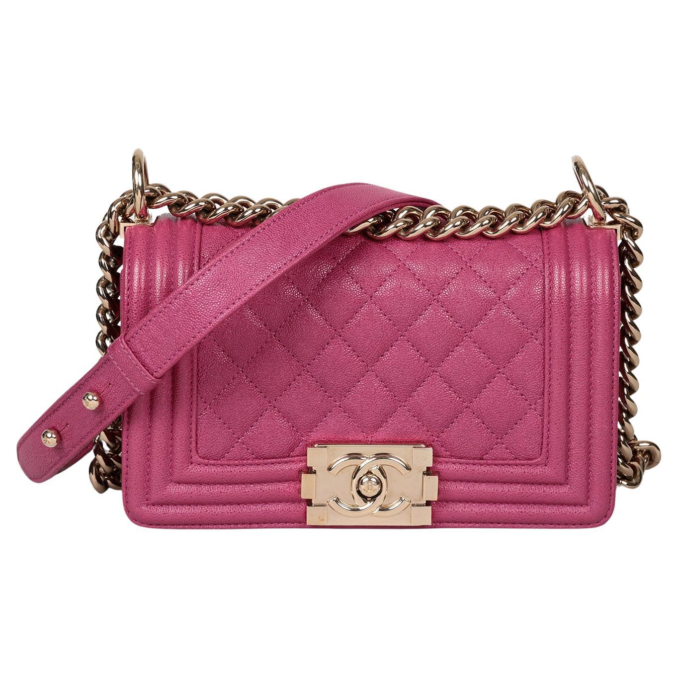 Chanel Fuchsia Quilted Shiny Caviar Leather Small Le Boy For Sale
