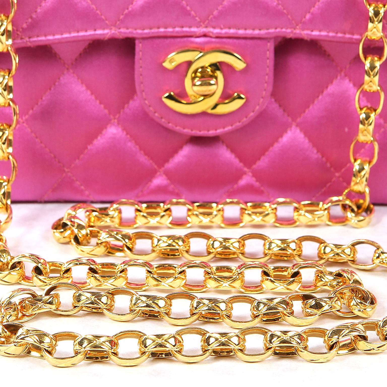 Chanel Fuchsia Satin Mini Classic Flap Bag In Excellent Condition In Palm Beach, FL