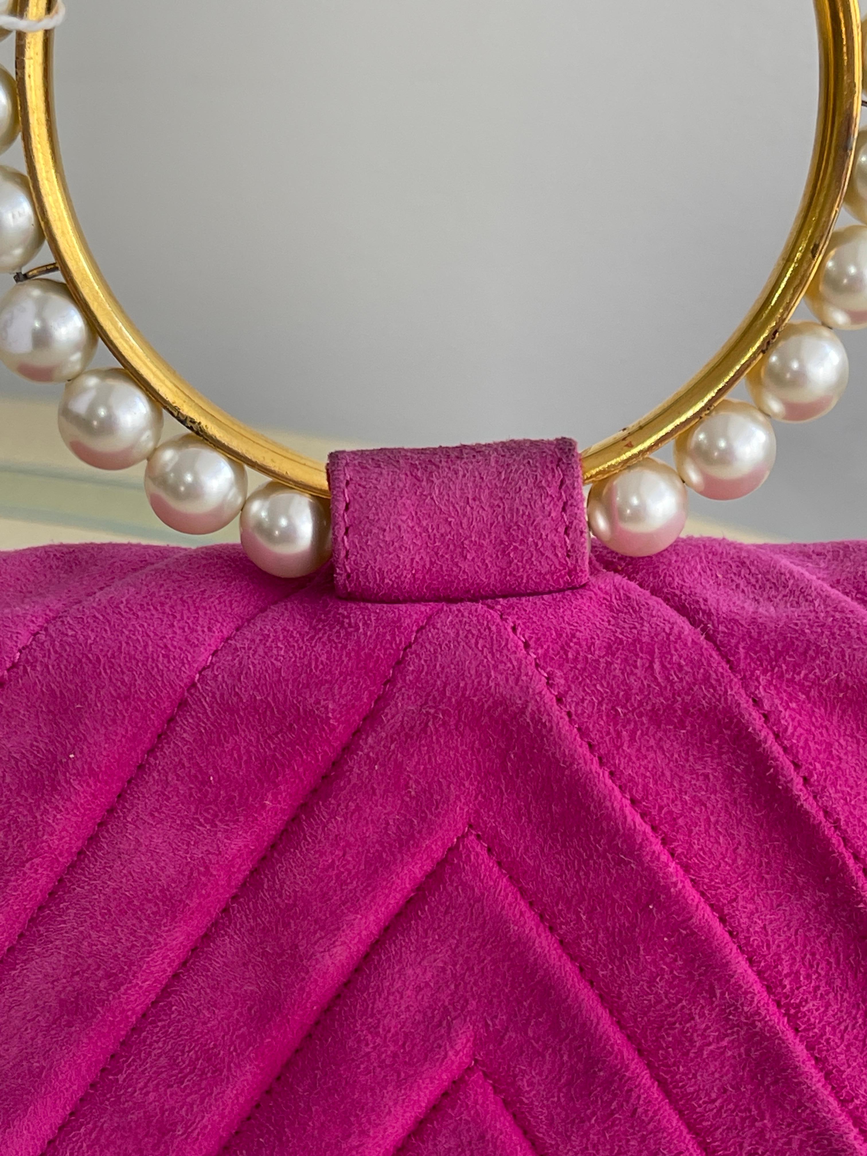 Chanel fuchsia suede pearl clutch bag  In Good Condition For Sale In SOUTH YARRA, VIC