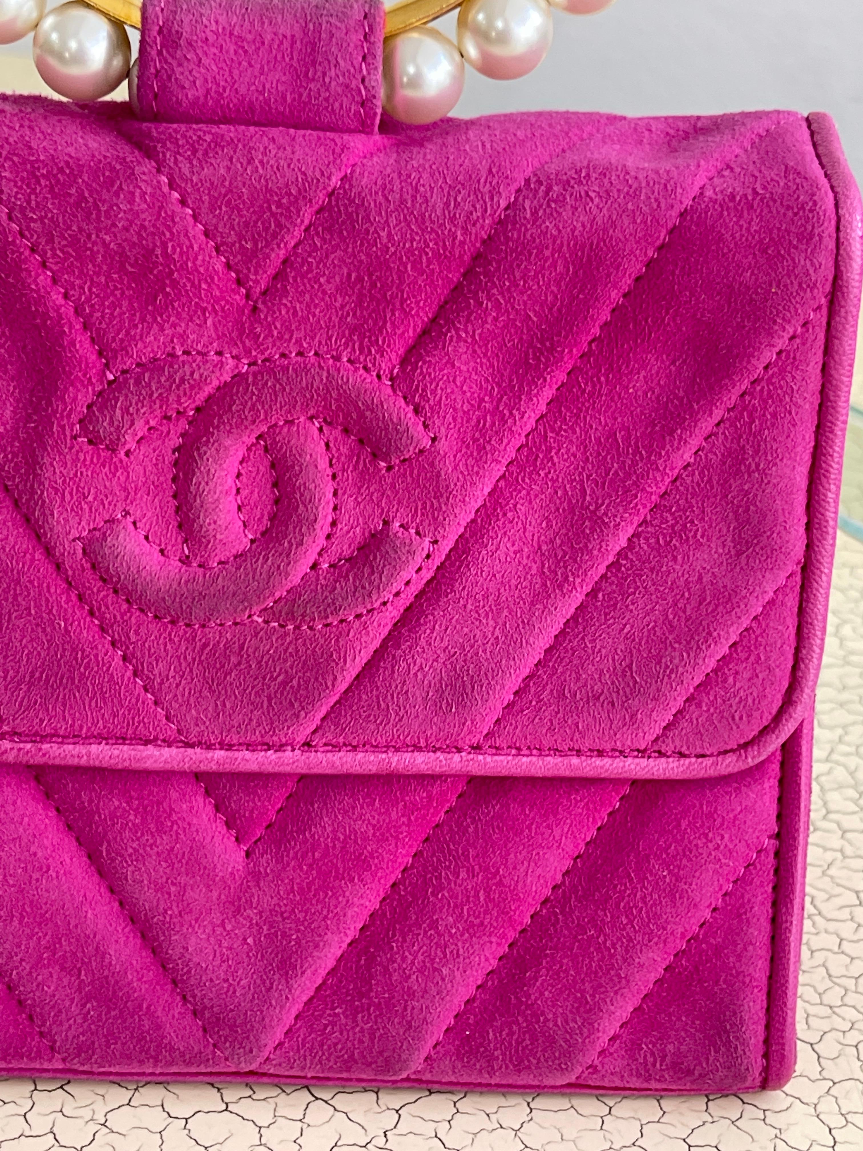 Women's Chanel fuchsia suede pearl clutch bag  For Sale