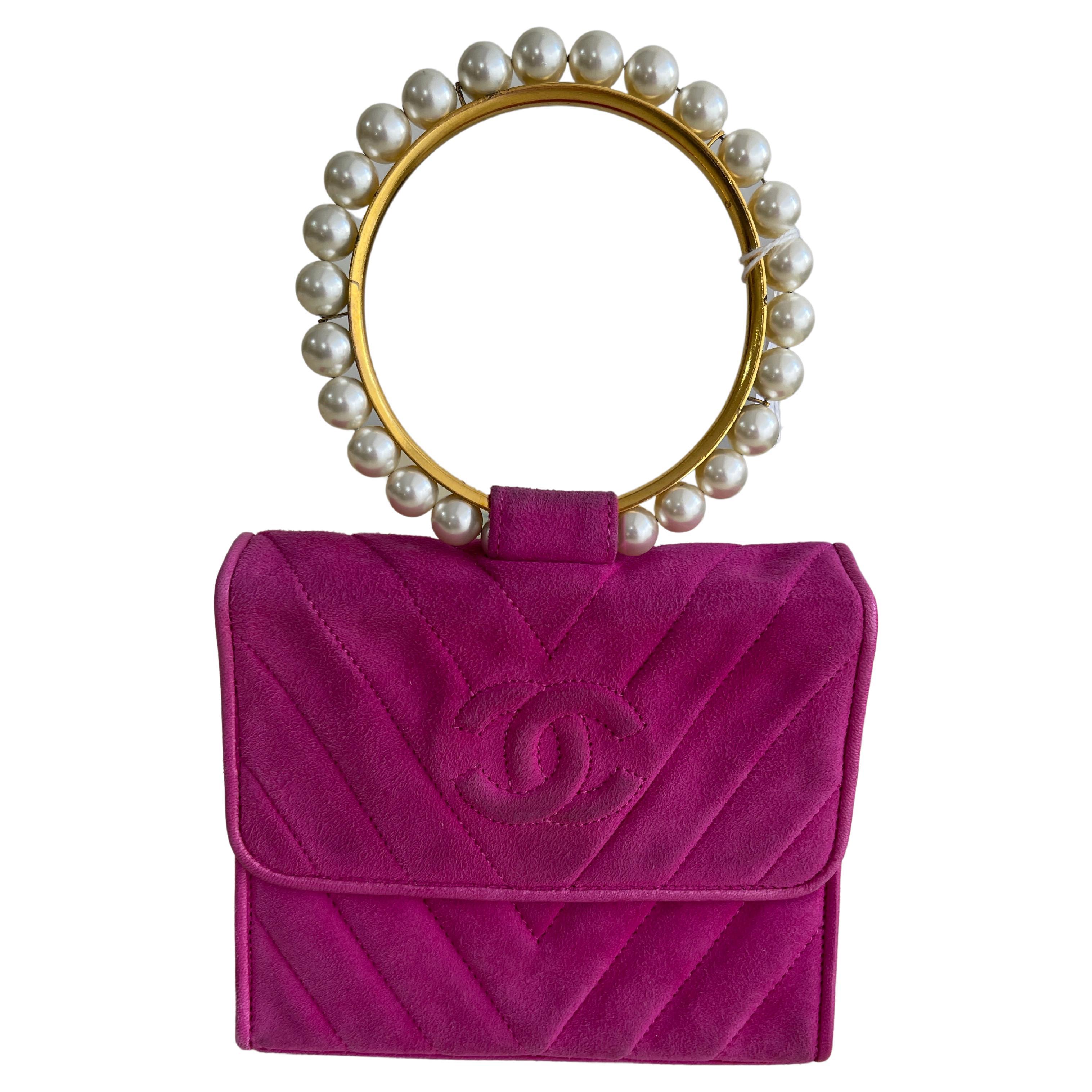 Chanel fuchsia suede pearl clutch bag  For Sale