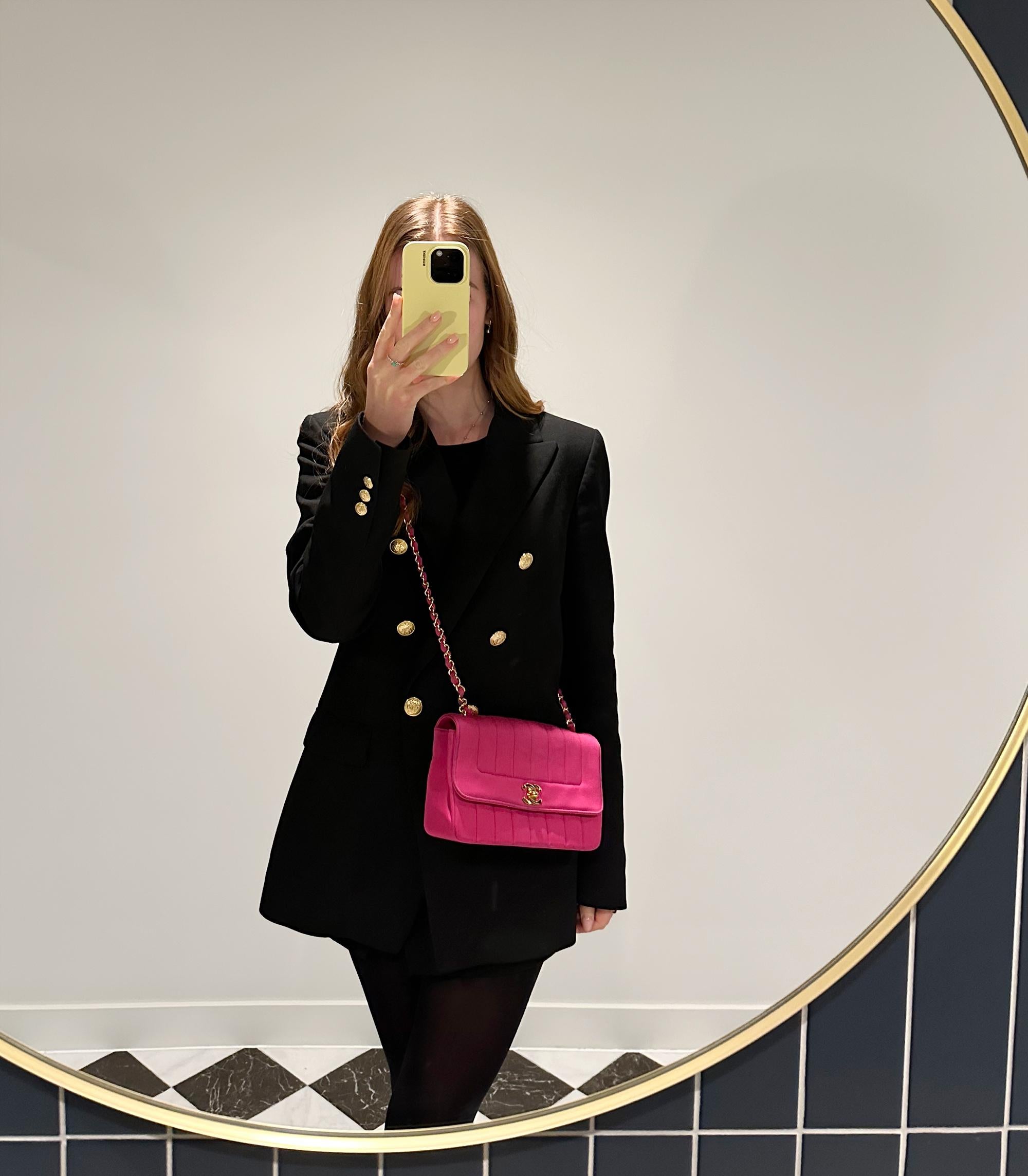 Chanel  Fuchsia Vertical Quilted Velvet Small Diana Classic Single Flap

Product Details
Xupes Ref: CB1415
Brand: Chanel 
Model: Small Diana Classic Single Flap Bag
Type: Shoulder, Crossbody
Serial Number: 2958689
Age: 1994
Accompanied By: Chanel