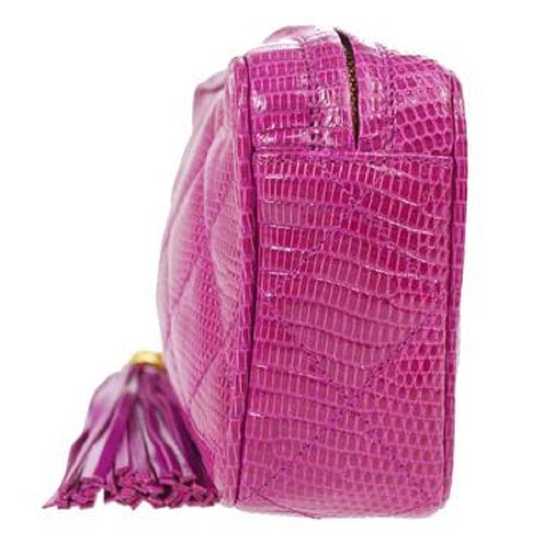 Chanel Fucshia Pink Exotic Skin Leather Gold Tassel Small Evening Clutch Bag In Good Condition For Sale In Chicago, IL