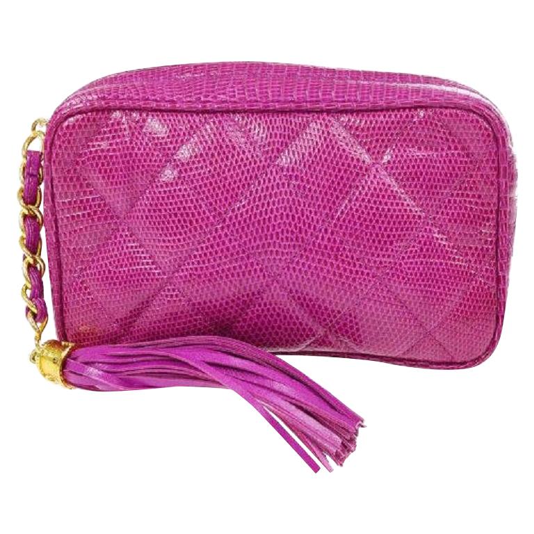 Chanel Fucshia Pink Exotic Skin Leather Gold Tassel Small Evening Clutch Bag
