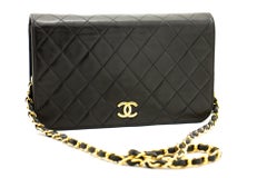 CHANEL Full Chain Flap Umhängetasche Schwarz Clutch Gestepptes Lammfell
