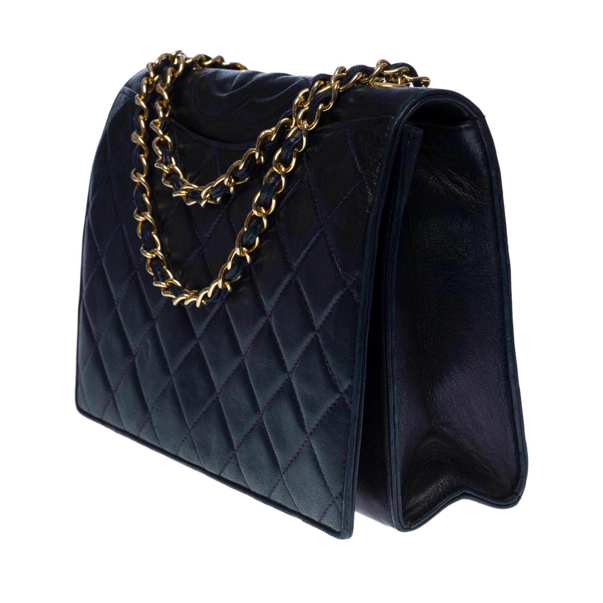 Black Chanel Full flap shoulder bag in navy quilted lambskin, GHW For Sale