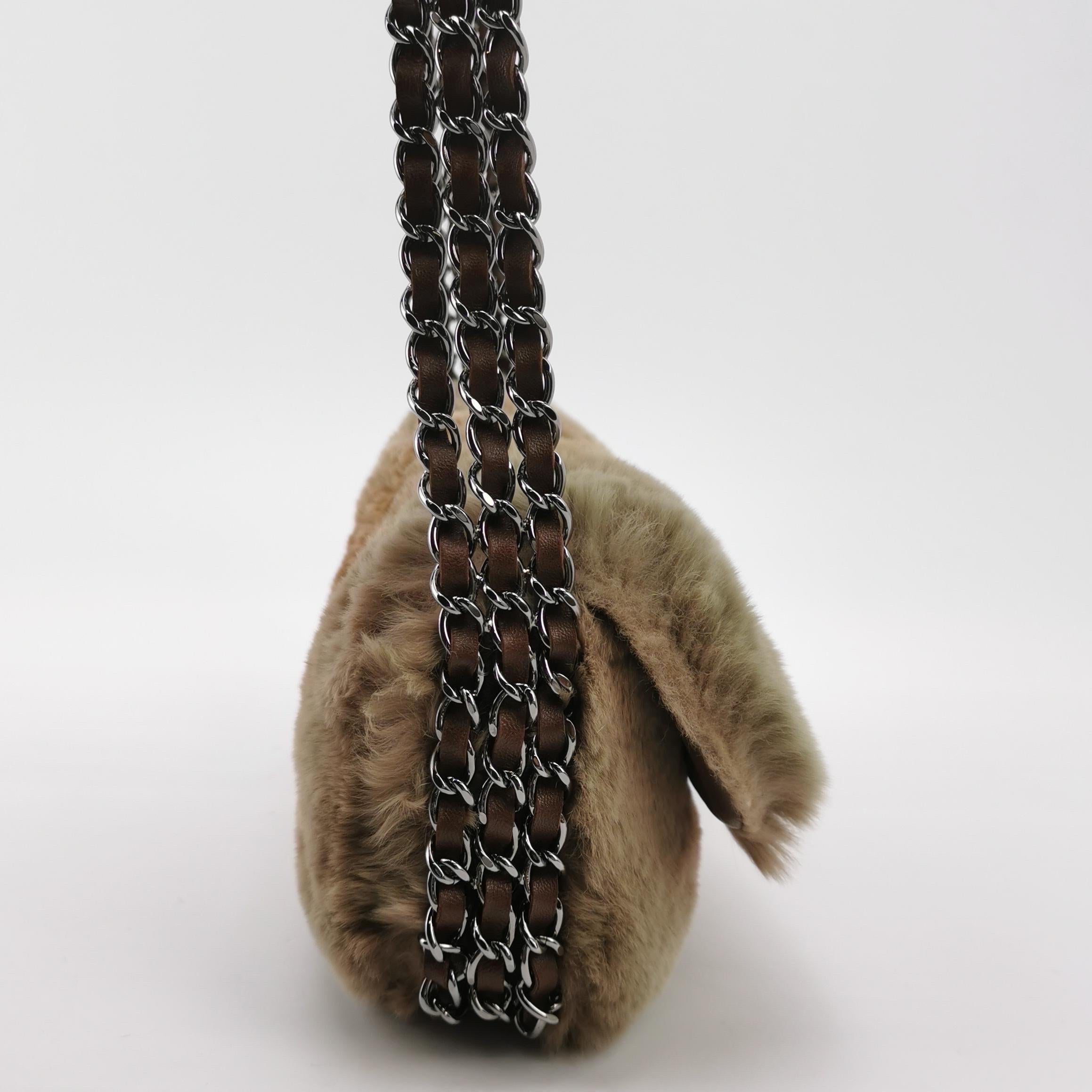 Women's Chanel Fur Flap Bag Brown Grey Chincilla Bag Multi-Layer Chain