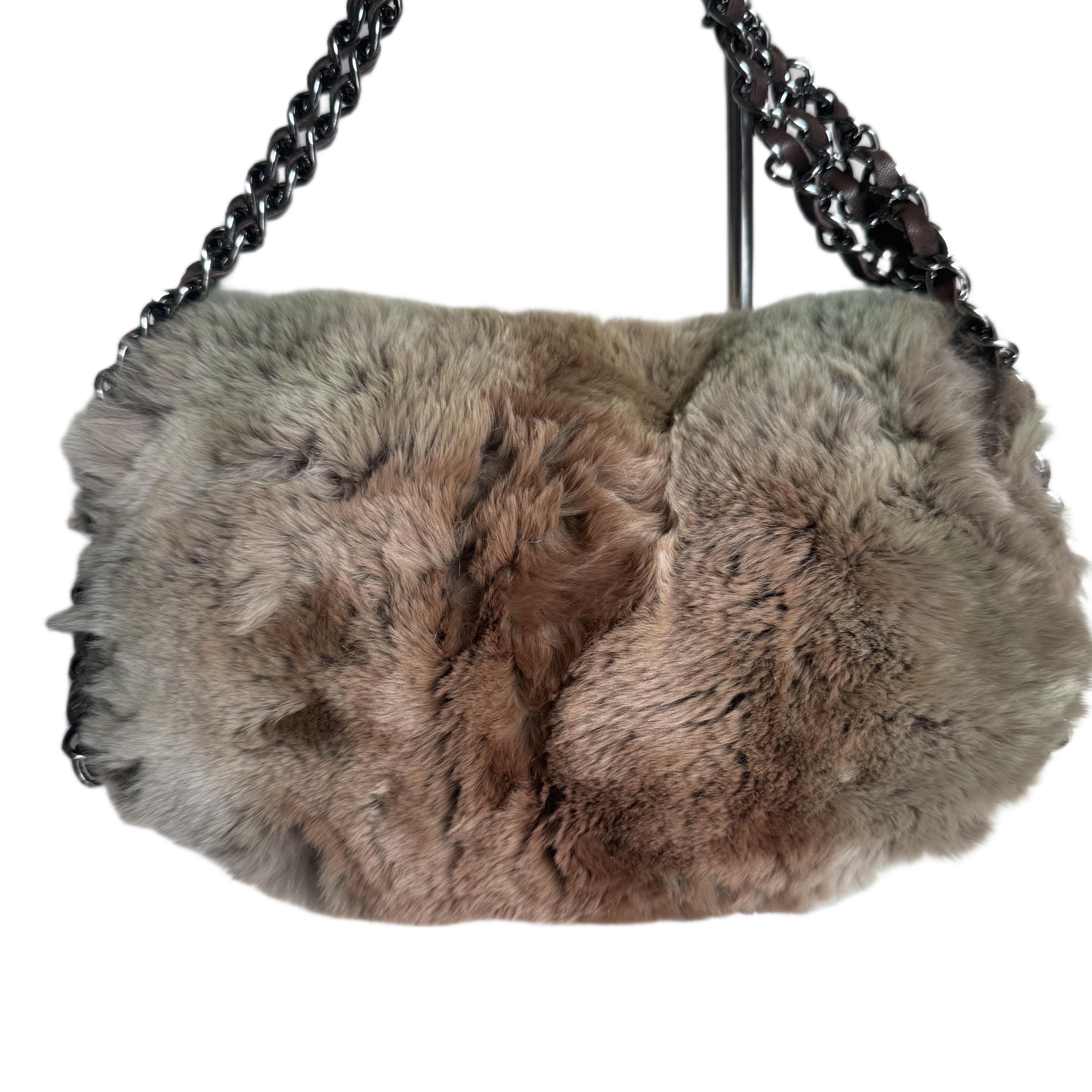 Chanel Fur Flap Bag Brown Grey Chincilla Bag Multi-Layer Chain en vente 2
