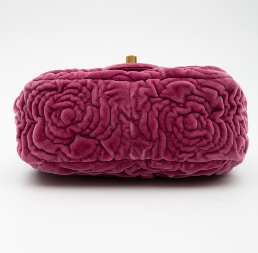 Chanel Fuschia Camellia Quilted Velvet Mini Square Flap Bag 3