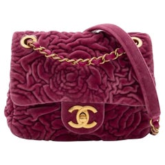 Chanel Fuschia Camellia Quilted Velvet Mini Square Flap Bag