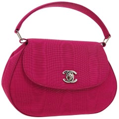 Chanel Fuschia Pink Silver Top Handle Satchel Kelly Style Evening Party Bag