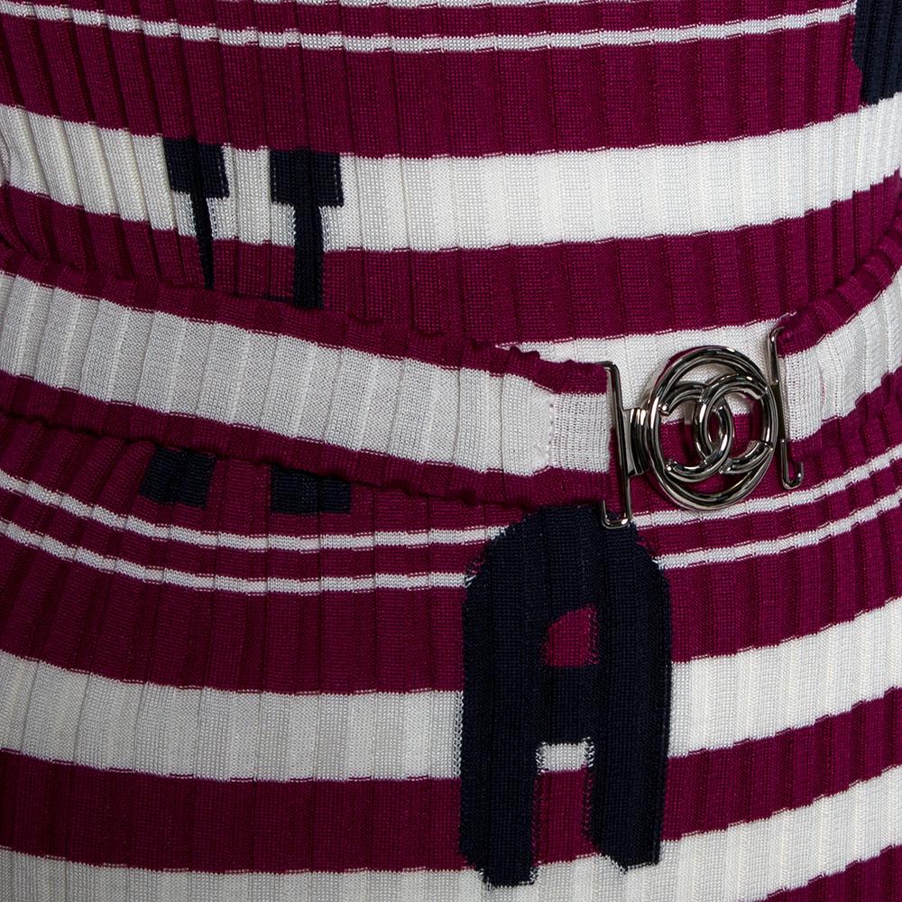 Purple Chanel Fuschia Striped Rib Knit Varsity Logo Detail Belted Dress M