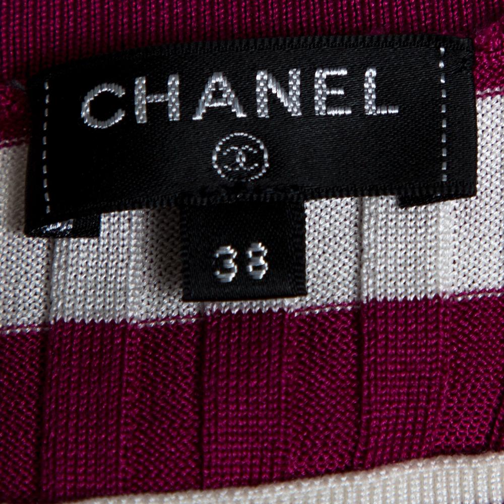 Chanel Fuschia Striped Rib Knit Varsity Logo Detail Belted Dress M In Good Condition In Dubai, Al Qouz 2