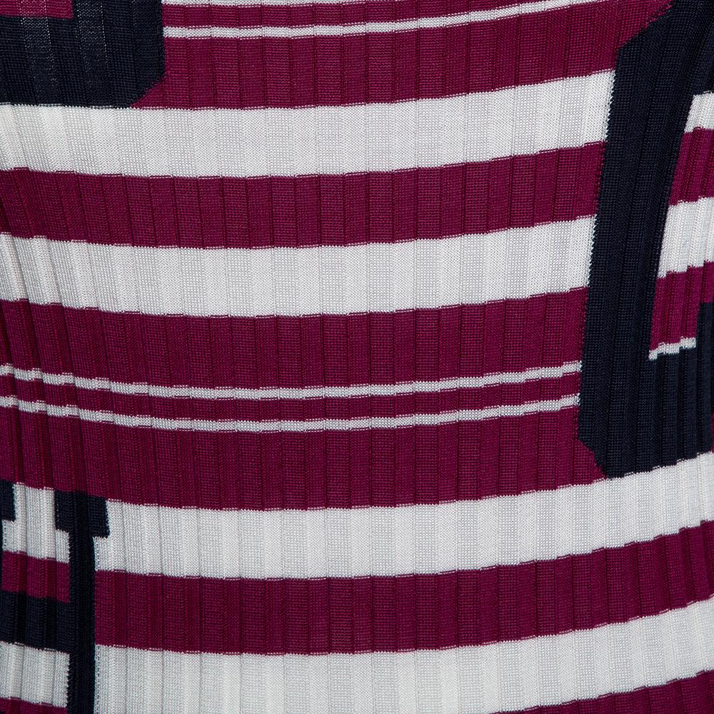 Women's Chanel Fuschia Striped Rib Knit Varsity Logo Detail Belted Dress M