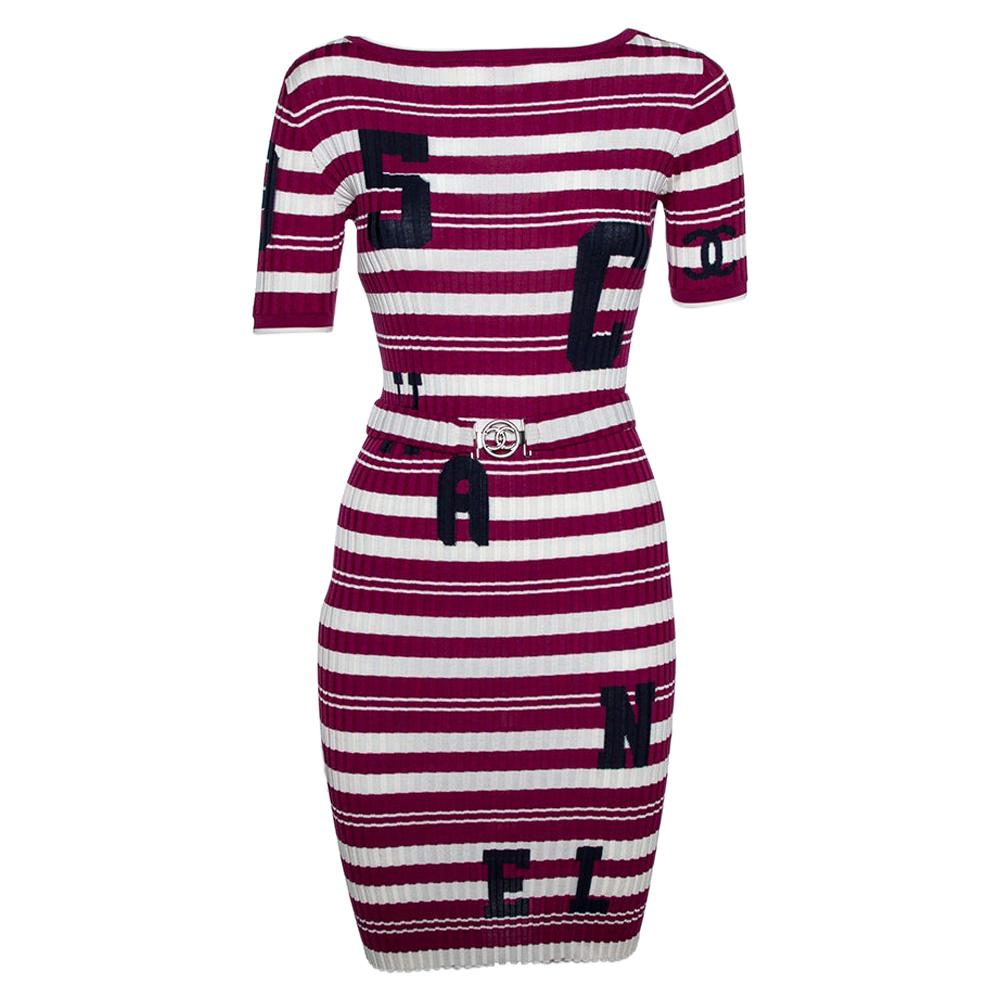 Chanel Fuschia Striped Rib Knit Varsity Logo Detail Belted Dress M