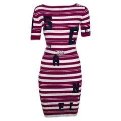 Chanel Fuschia Striped Rib Knit Varsity Logo Detail Belted Dress M
