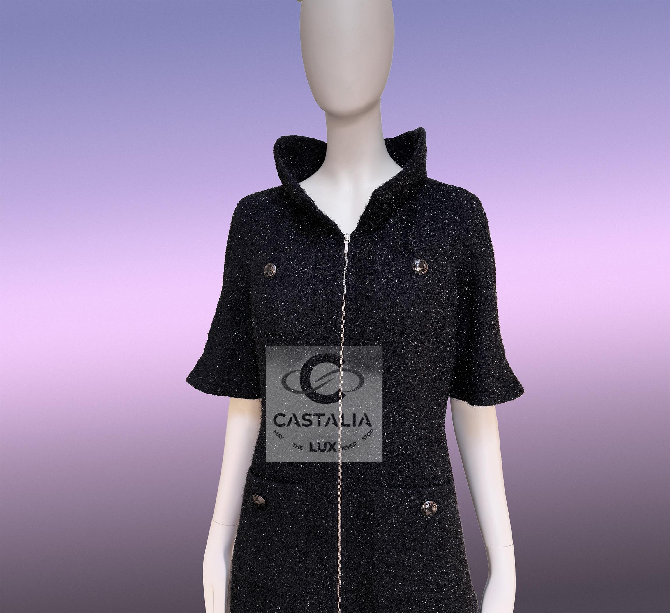 Chanel Futuristisch Schwarz Schimmer Tweed Jacke Kleid 36 FR im Angebot 6
