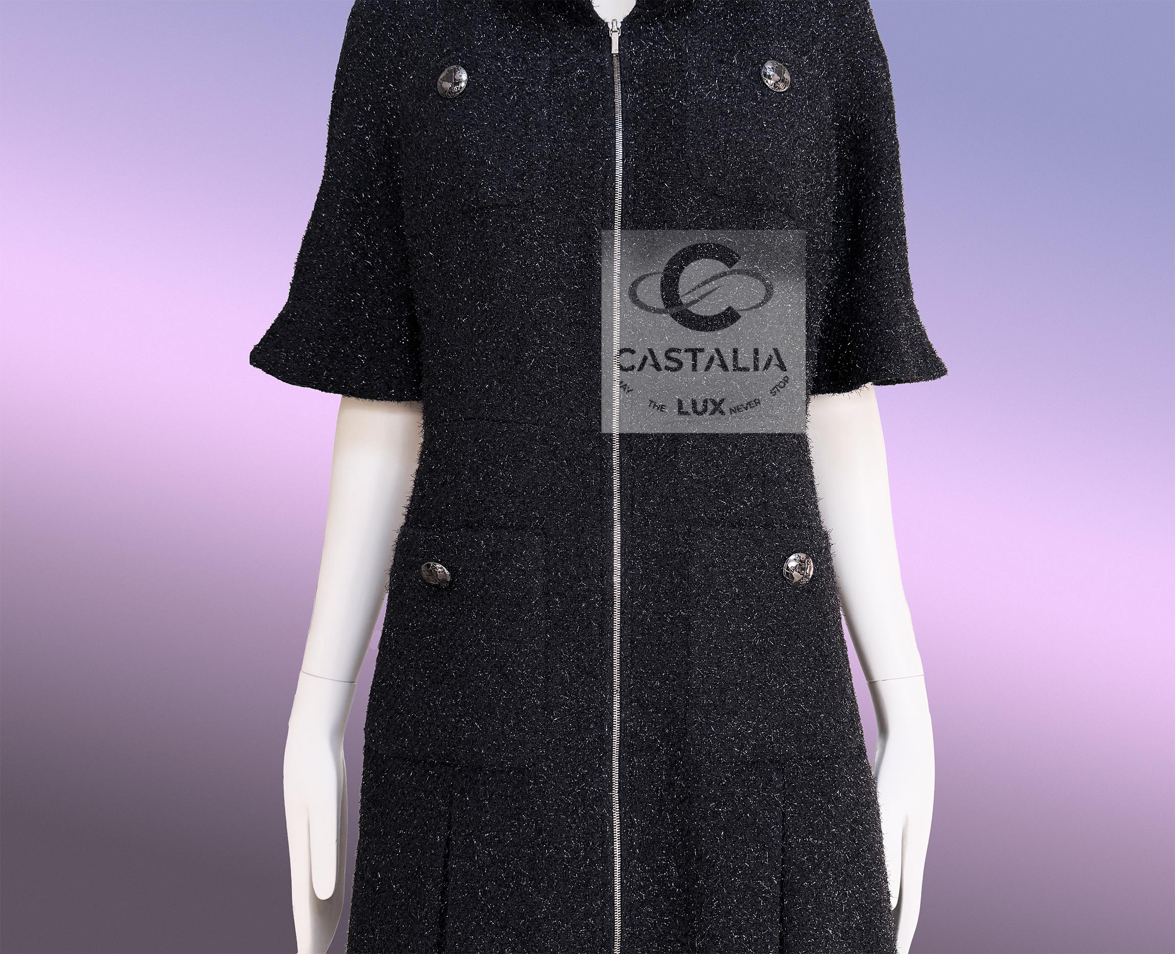 Chanel Futuristisch Schwarz Schimmer Tweed Jacke Kleid 36 FR im Angebot 11