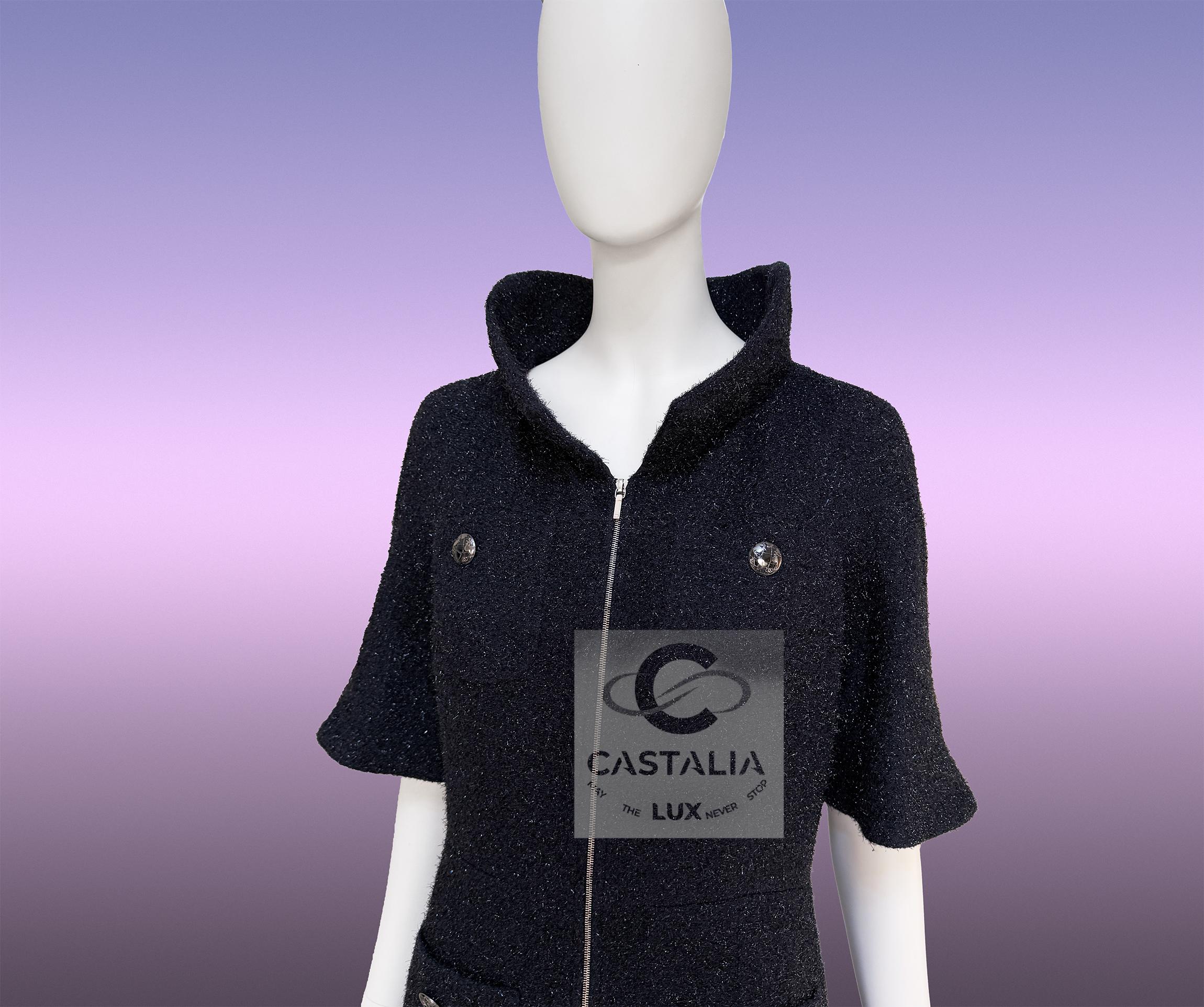 Chanel Futuristisch Schwarz Schimmer Tweed Jacke Kleid 36 FR im Angebot 3