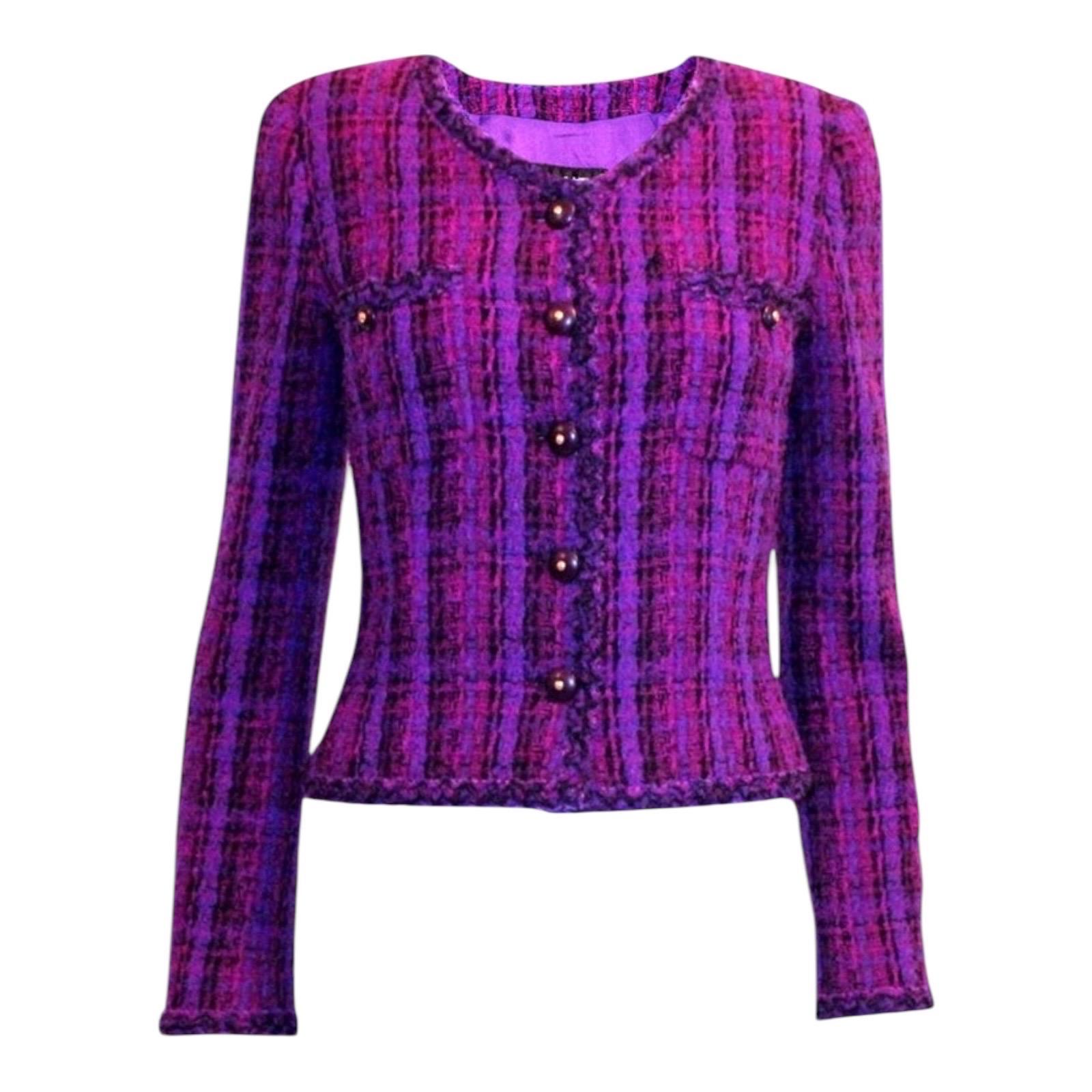 CHANEL FW 1995 Purple Checked Fantasy Fringe Tweed Jacket Blazer 36 For Sale