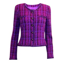Vintage CHANEL FW 1995 Purple Checked Fantasy Fringe Tweed Jacket Blazer 36