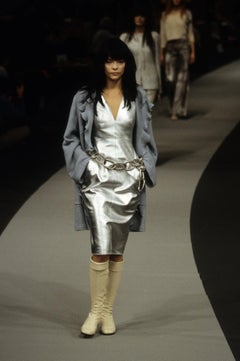 Chanel FW 1999 Karl Lagerfeld Silver Leather Runway Sheath Dress FR 40