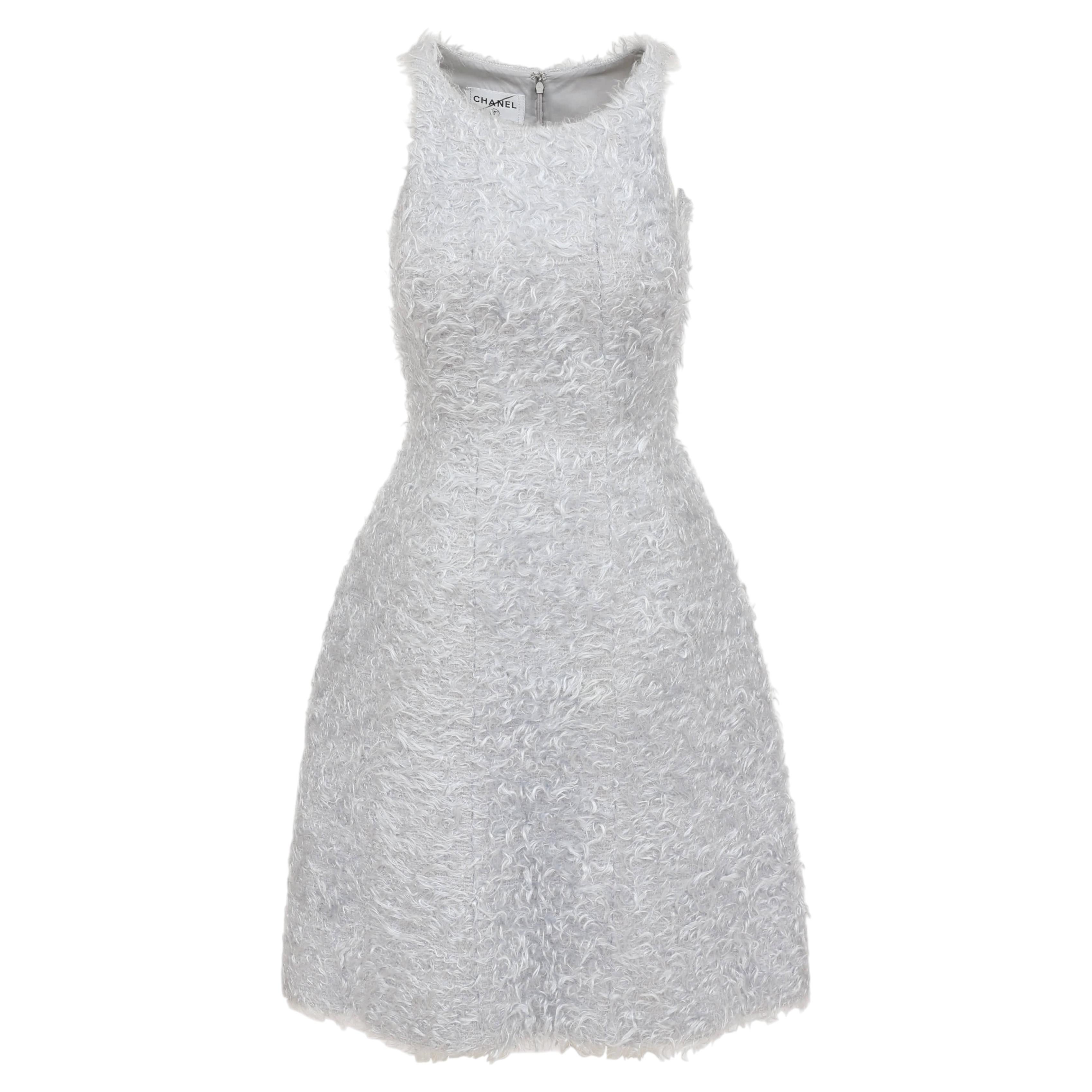 Chanel FW 2000 Karl Lagerfeld Light Blue Grey Fuzzy Dress FR 36