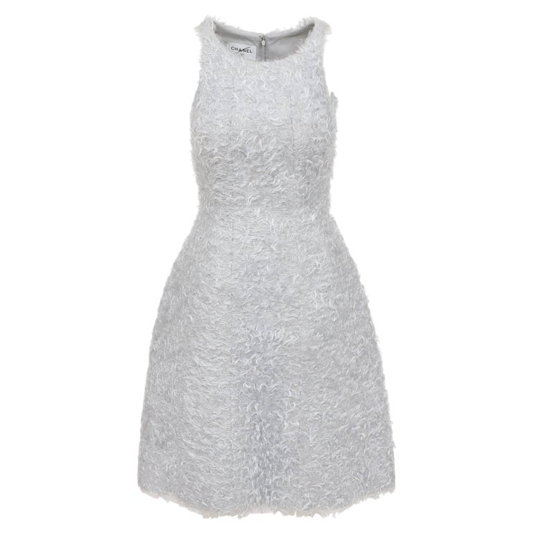 chanel silver dress Chanel FW 2000 Karl Lagerfeld Light Blue Grey Fuzzy Dress FR 36