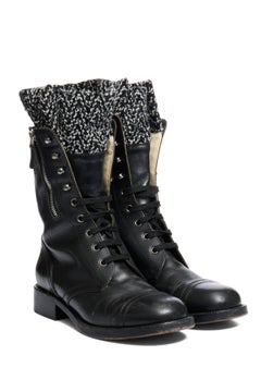 CHANEL FW13 Black Leather Combat Boots with Tweed Knit Cuff Size 38.5