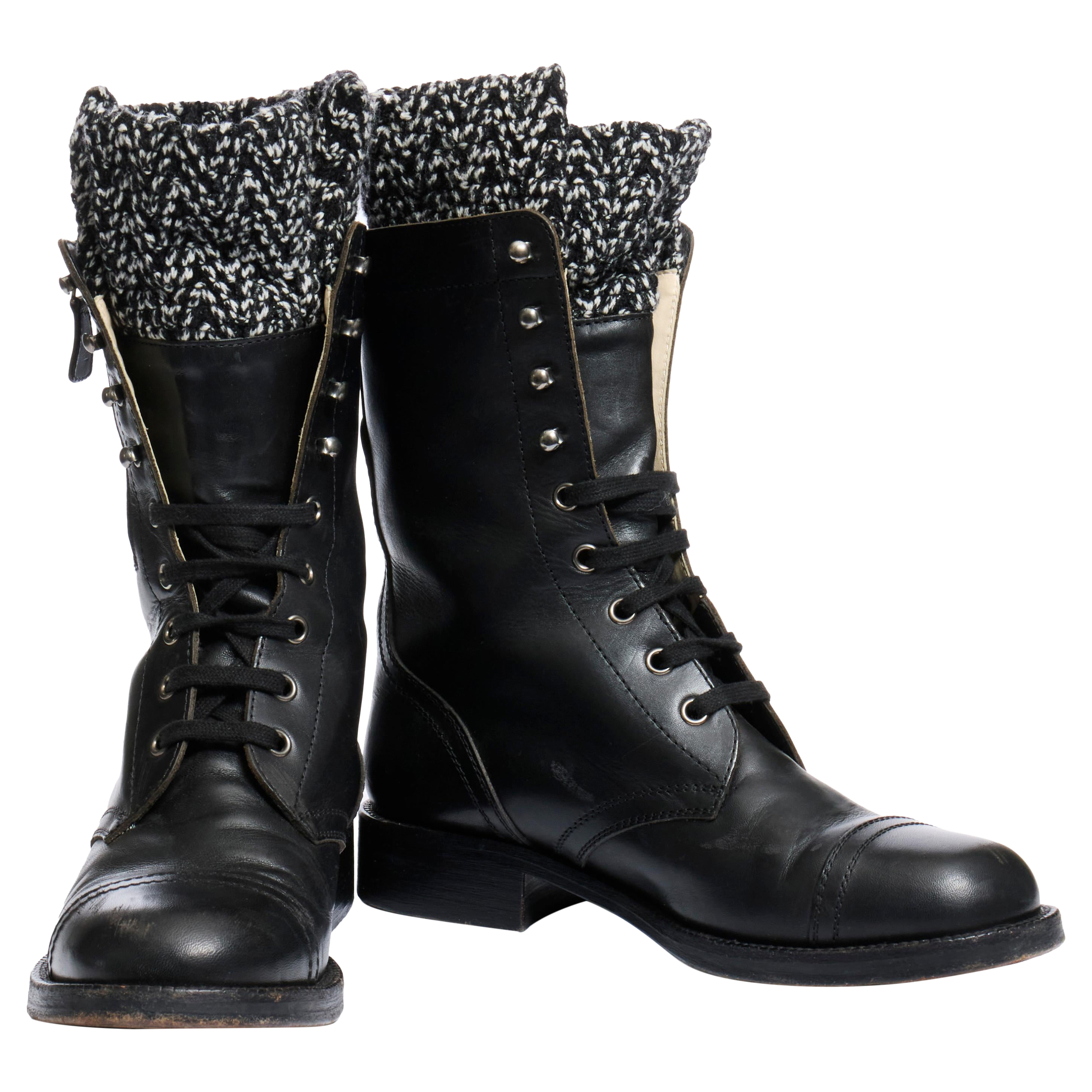 Chanel FW13 Stivali da Combattimento in Pelle Nera con Polsino in Maglia Tweed Taglia 38.5