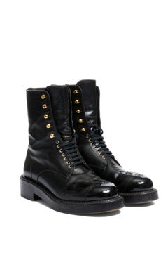 Chanel FW13 “Paris Edinburgh” Black Calfskin Combat Boots Size 38