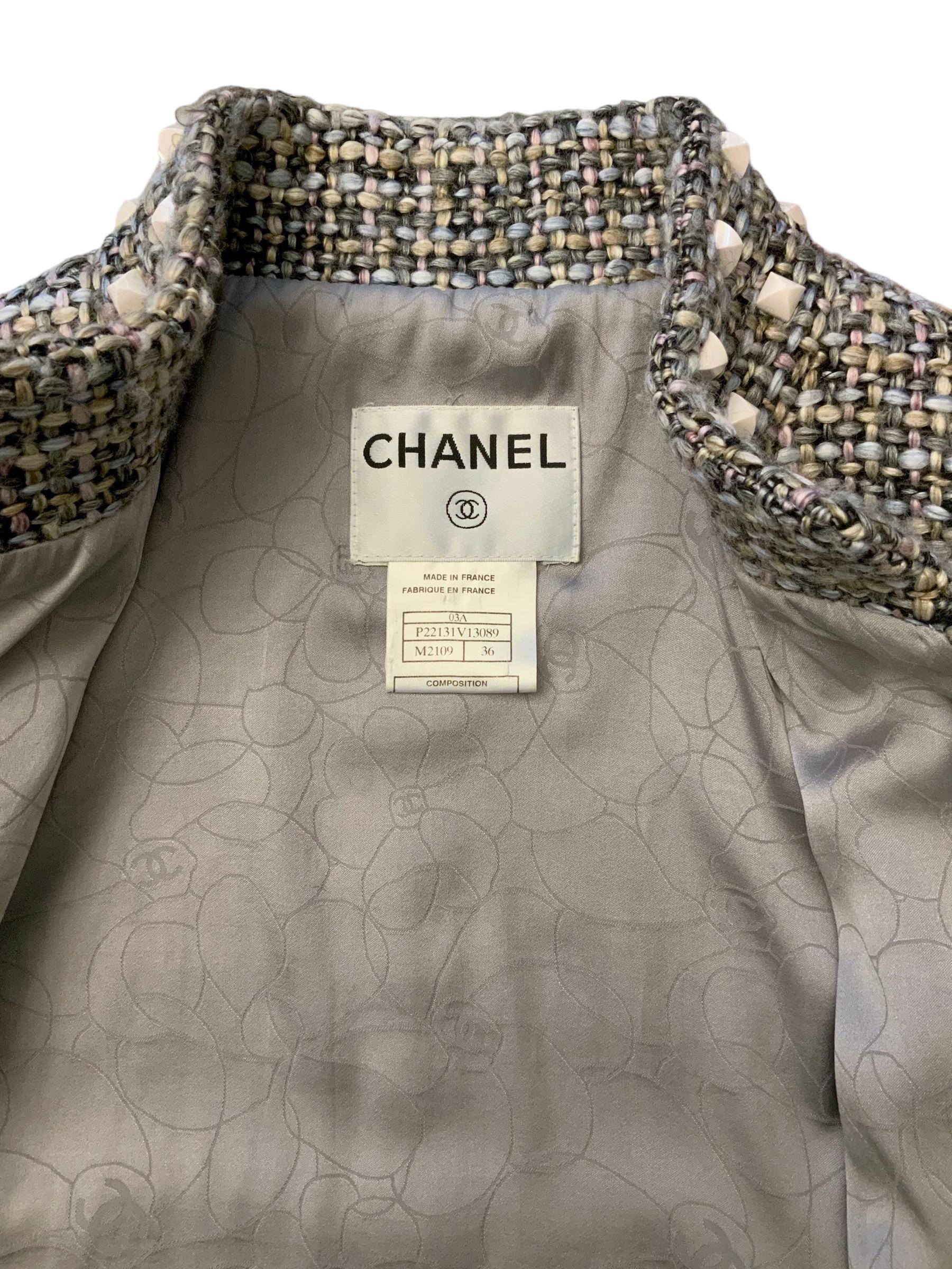 Chanel FW2003 Grey Tweed White Studs Jacket 3
