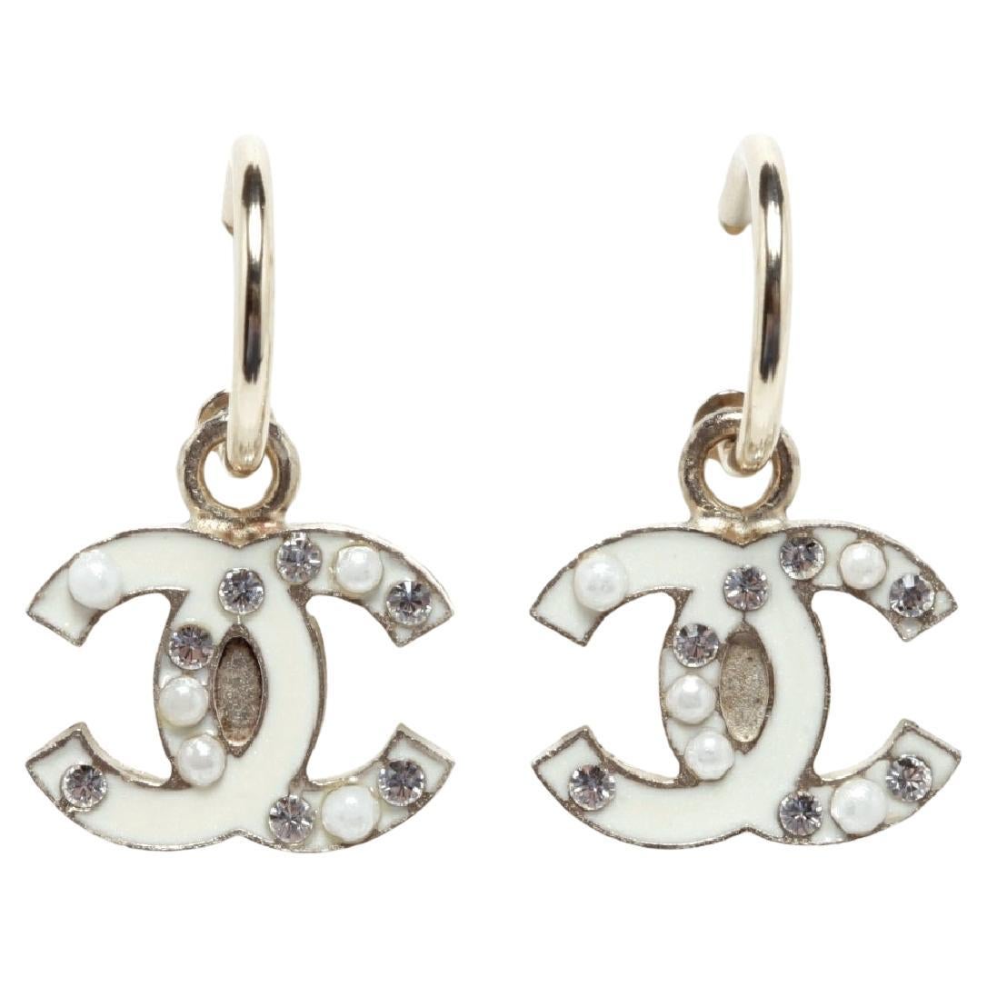 Chanel FW2007 Boucles Creoles CC Enamel diamonds pearls CC on Hoops Earrings For Sale